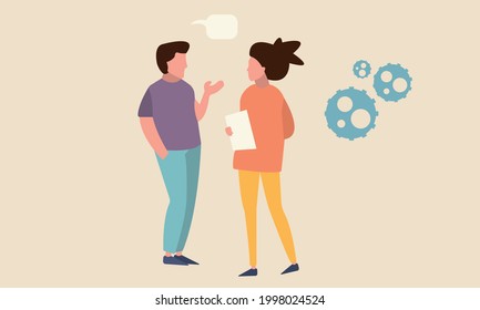 man and a woman talk about work discussing issues