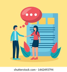man and woman talk bubble business handshake vector illustration