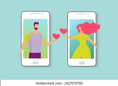A man and a woman talk on the phone and fall in love. Illustration of online dating, love at a distance, social networking. Flat vector illustration