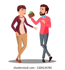 Man And Woman Talking About Family Budget With Money Vector. Isolated Illustration
