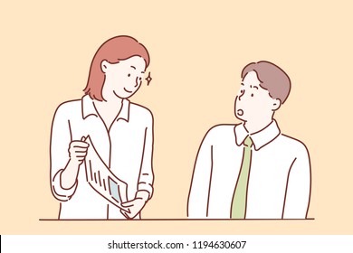 A man and a woman are talking about work in the company. hand drawn style vector design illustrations. A man and a woman are talking about work in the company. hand drawn style vector design illustrations.