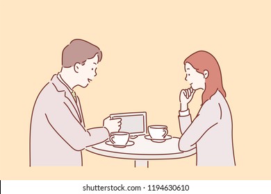 A man and a woman are talking about work in the company. hand drawn style vector design illustrations.