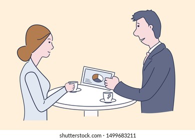 Man and woman are talking about working in the company during a coffee break. Hand drawn style vector design illustration