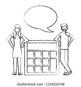 man and woman talking with big calculator