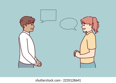 Man and woman with talking bubbles flirting or discussing joint plans for weekend. Guy and girl look at each other dressed in casual clothes with empty dialogue clouds. Flat vector image