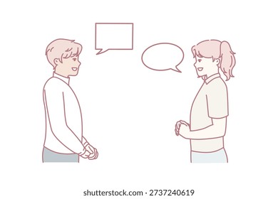 Man and woman with talking bubbles flirting or discussing joint plans for weekend. Guy and girl look at each other dressed in casual clothes with empty dialogue clouds. Flat vector image