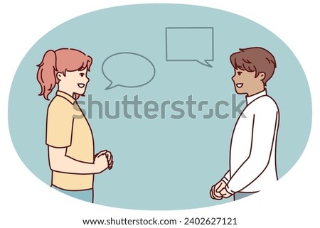Man and woman with talking bubbles flirting or discussing joint plans for weekend. Guy and girl look at each other dressed in casual clothes with empty dialogue clouds. Flat vector image