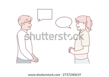 Man and woman with talking bubbles flirting or discussing joint plans for weekend. Guy and girl look at each other dressed in casual clothes with empty dialogue clouds. Flat vector image