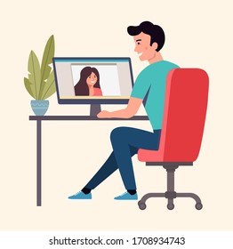  Man and woman talking by videochat. Vector flat style Illustration