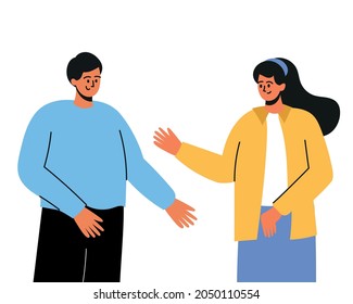 A man and a woman are talking, communicating. Two people met, talking, dialogue. Characters drawn by hand