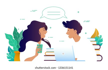 A man and a woman are talking. Consultation. Communication Client and designer. Freelance. Vector illustration