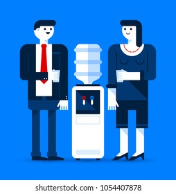 Man and woman talking to each other near water cooler. Break, colleagues, communication. Modern vector illustration in colorful flat style.