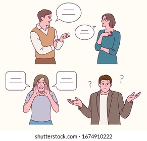 The man and the woman are talking to each other. The man and the woman are looking ahead and talking. hand drawn style vector design illustrations. 