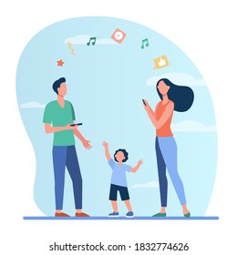 Man and woman talking to each other via phone, child near parents. Virtual communication, social distance, family concept can be used for presentations, banner, website design, landing page