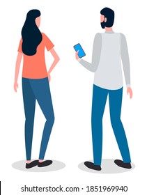 Man and woman talking to each other. Man is holding a mobile phone in his hand and looking at the screen. Male and female characters back view full height. Communication of people. Staff conversation