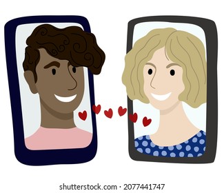 Man and woman talking with each other on their smartphones. Virtual dating concept. Online communication.