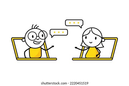 Man and woman talking to each other through laptop screen. Communication and social media concept. Vector stock illustration