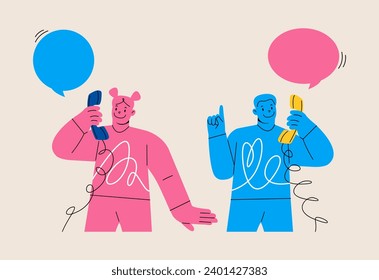 El hombre y la mujer están hablando por teléfono. Comunicación por teléfono fijo. Ilustración vectorial colorida 
