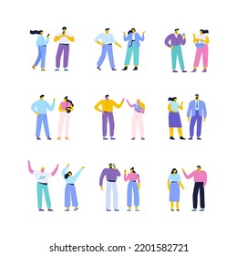 Man and woman talking flat vector set. Dialog, communication, speacking people