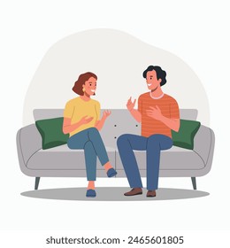 Hombre y mujer hablando, chismorreando, susurrando secretos, contando noticias en el sofá. Ilustración vectorial de dibujos animados de estilo plano. 