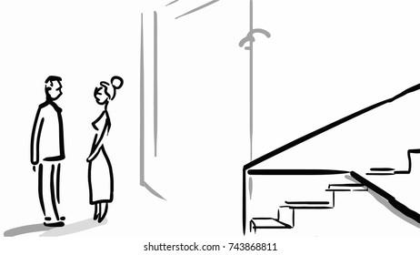 Man and woman talking in the hallway with stairs. Black and white vector sketch. Simple drawing.