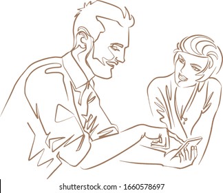 a man and a woman are talking, male pointing a finger at a mobile phone, female looking at him with her mouth open. Modern couple, communication, relationship, pair, family