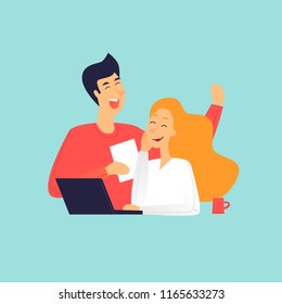 Man and woman talking near laptop, office life. Flat design vector illustration.