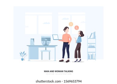 Man and Woman Talking in the office . Can use for web banner, infographics, hero images. Flat style color modern vector illustration.