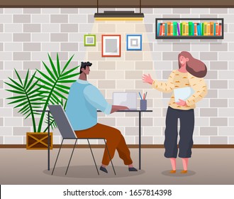 Man and woman talking in office. Partners discussing project. Colleague waving to friend at work. Workers working together. Male and female characters with laptop and papers. Vector in flat style