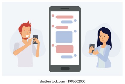 Man and woman are talking on APP in phone. Flat vector cartoon character illustration.