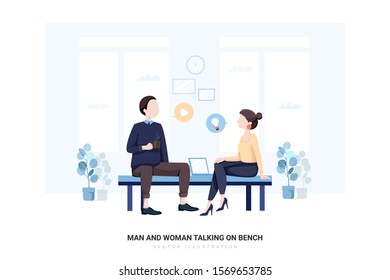 Man and Woman Talking on Bench. Can use for web banner, infographics, hero images. Flat style color modern vector illustration.