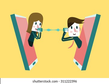 Man and woman talking on a mobile phone. flat design element. vector illustration