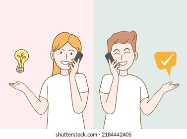 man and woman talking on the phone, light bulb as a symbol of having an idea. Vector illustration