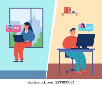 Man and woman talking online via gadgets vector illustration. Drawing of girl with laptop and male character with computer chatting. Online or digital communication, friendship, technology concept