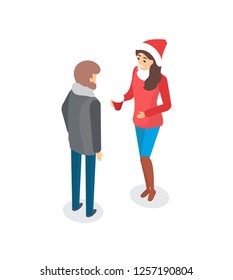 Man and woman talking outdoors, couple outside discussing topic vector. Male and female wearing warm winter clothes, lady in Santa Claus hat with cup