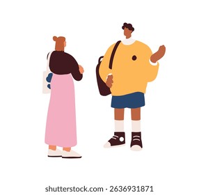 Man and woman talking outdoors. Modern young male and female friends standing on street, chatting. People communication, conversation, dialogue. Flat vector illustration isolated on white background
