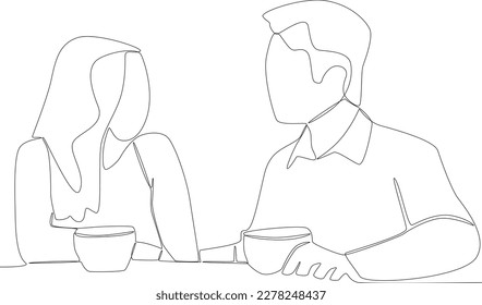 man and woman talking over coffee. Coffee shop activity one line drawing