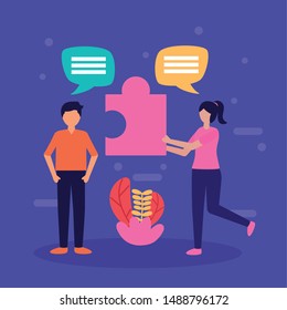man and woman talking puzzle solution teamwork vector illustration