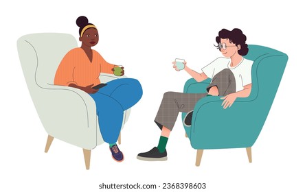 A man and a woman talking sitting in armchairs. Communication concept. Relaxed conversation between two people. Dialogue between coworkers, friends, or colleagues. Conversation between people.