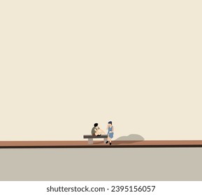 Man and woman talking at sitting on bench at city street. Couple relaxing love, relationship, and travel.