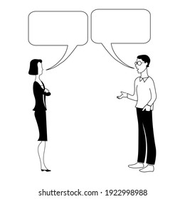 Man and woman are talking with speech bubble . They argue, they doubt. Hand drawn black and white outline image.