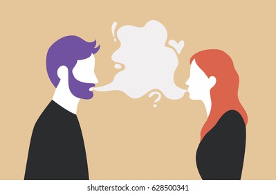 Man and woman talking with speech bubble in the middle - couple communication vector illustration
