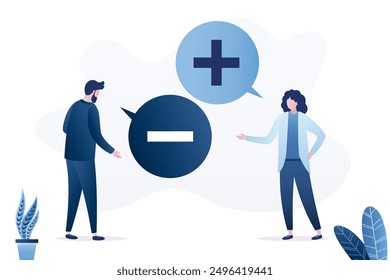 Man and woman talking, speech bubbles. Business people with positive and negative thinking speech bubble, bad and good thoughts, mood. Pessimist and optimist concept. flat vector illustration