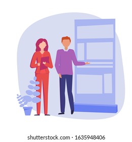 Man And Woman Talking And Standing Near Conference Booth. Product Presentation On The Stand. Vector Concept Illustration.