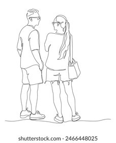 Hombre y mujer hablando, de pie. Use pantalones cortos, gafas en la temporada de verano caliente. Dibujo de línea continua. Ilustración vectorial en blanco y negro en estilo line art.