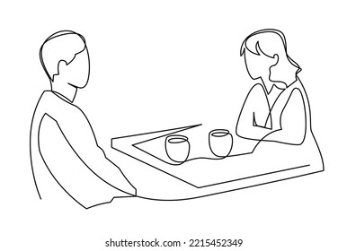 Un hombre y una mujer están hablando en una mesa en un café. Entrevista sobre una taza de té ilustración continua de un vector de línea.