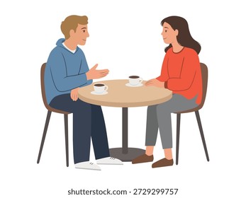 A man and woman talking at a table in a cafe. Flat vector illustration isolated on a white background