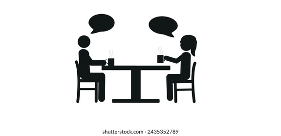  a man and a woman are talking at a table over a cup of tea, coffee, a pictogram of a human figure, communication, a flat vector illustration isolated on a white background