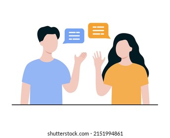 Man and woman talking. Team colleagues discussing at workplace. Business, communication, teamwork, project, relationship concept. Flat people character vector design illustration.