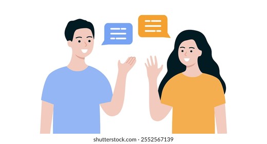 Homem e mulher falando. Colegas de equipe discutindo no local de trabalho. Negócios, comunicação, trabalho em equipe, projeto, conceito de relacionamento. Ilustração de design de vetor de caracteres de pessoas planas.